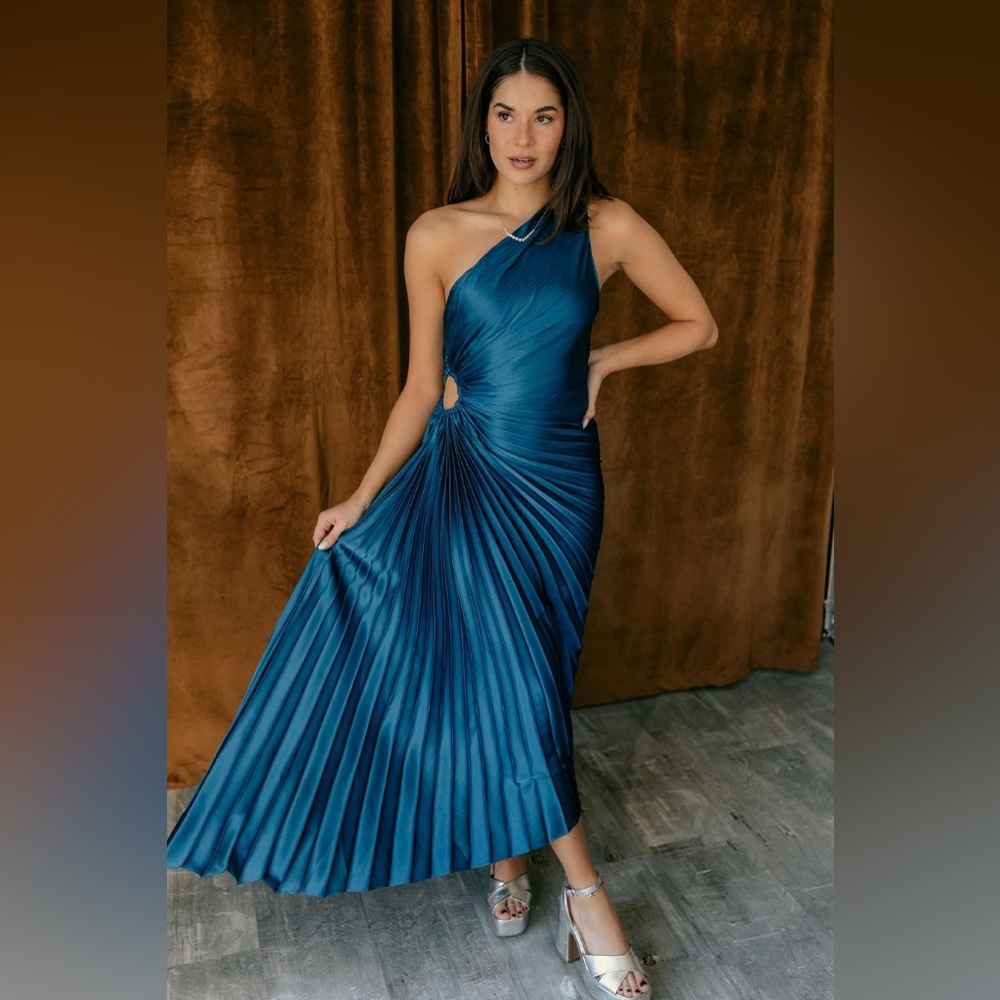 ESMERALDA BLUE PLEATED SATIN ASYMMETRICAL DRESS